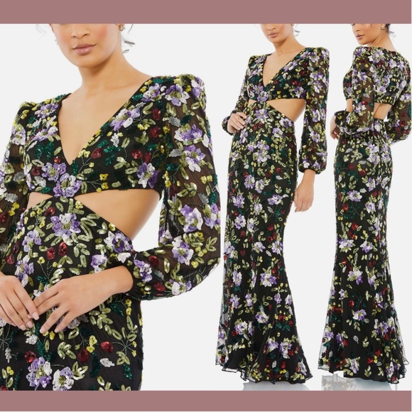 NWT $598 Mac Duggal [ 6 ] Floral‎ Sequined Cutout Long Sleeve Gown Black - Picture 1 of 16